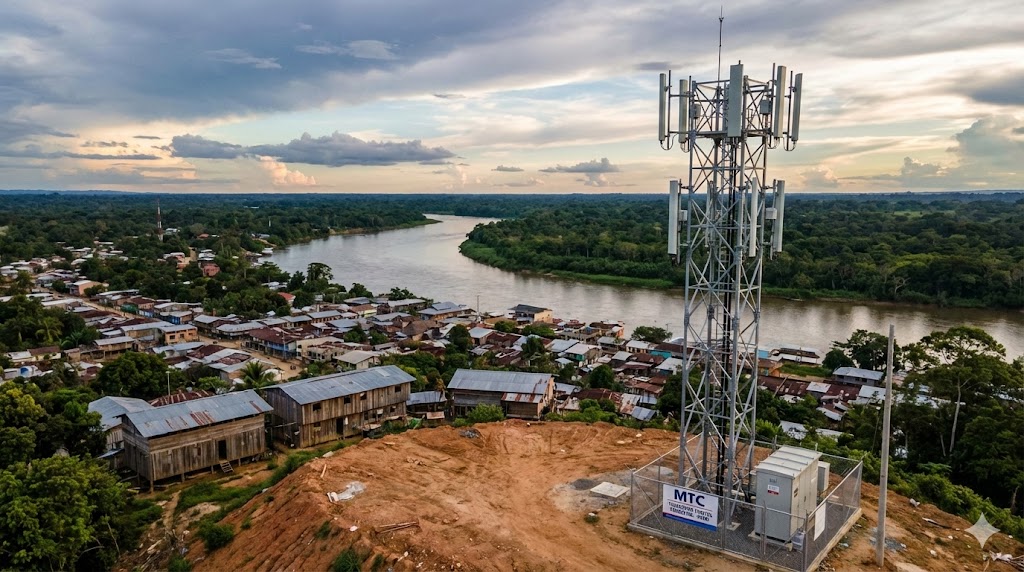 A wide-angle landscape photograph showcasing a newly installed TDT broadcasting antenna array in the foreground, set against the backdrop of the Peruvian Amazon rainforest meeting a growing town. The antenna structure is metallic and modern, contrasting with the lush green jungle and a wide river. The sky is dramatic with some clouds. The photo has a professional documentary and journalistic style feel, emphasizing connectivity in remote areas. Extremely detailed, 8k